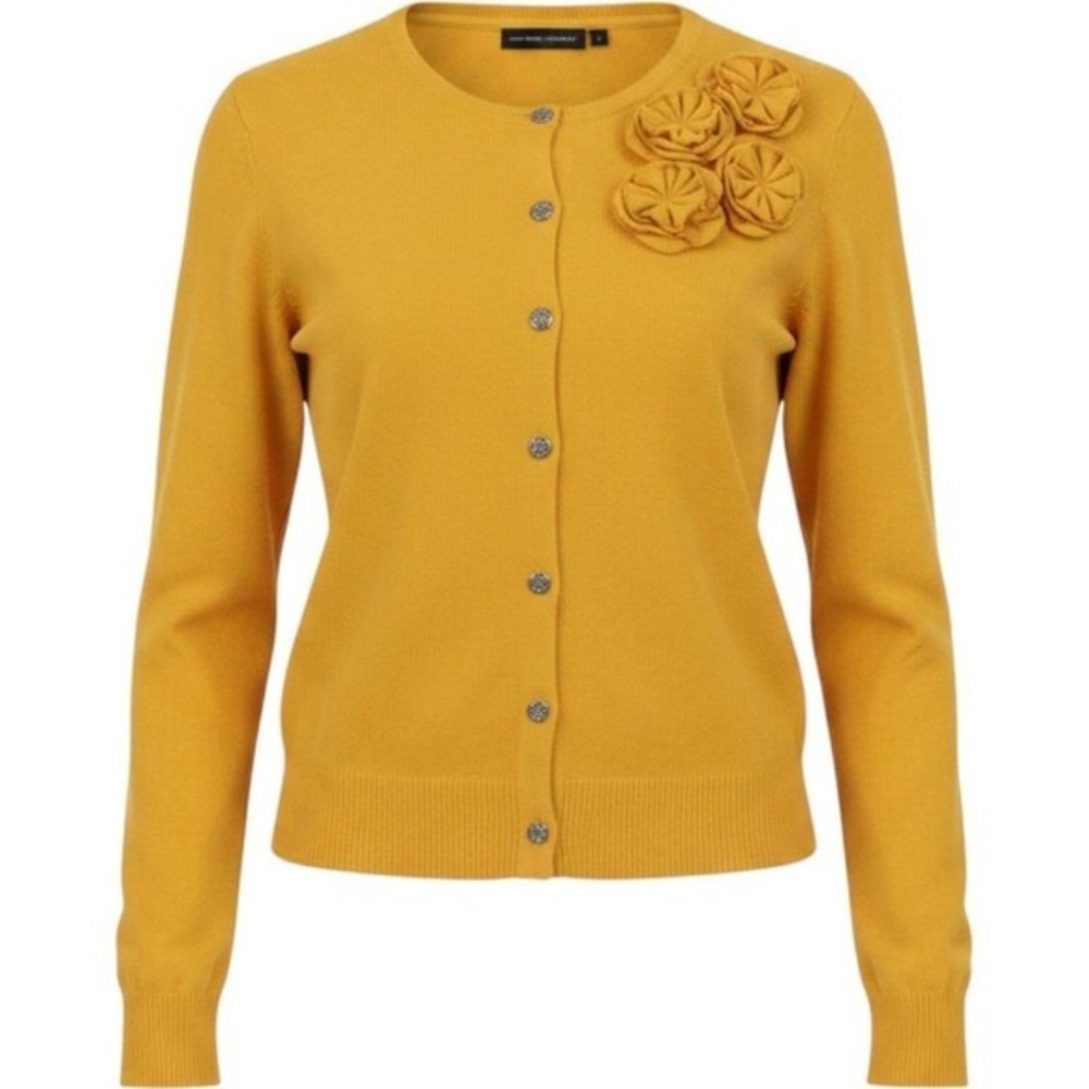 New York & Company Yellow Rosette Cardigan Rhinestone Button Sweater Womens M